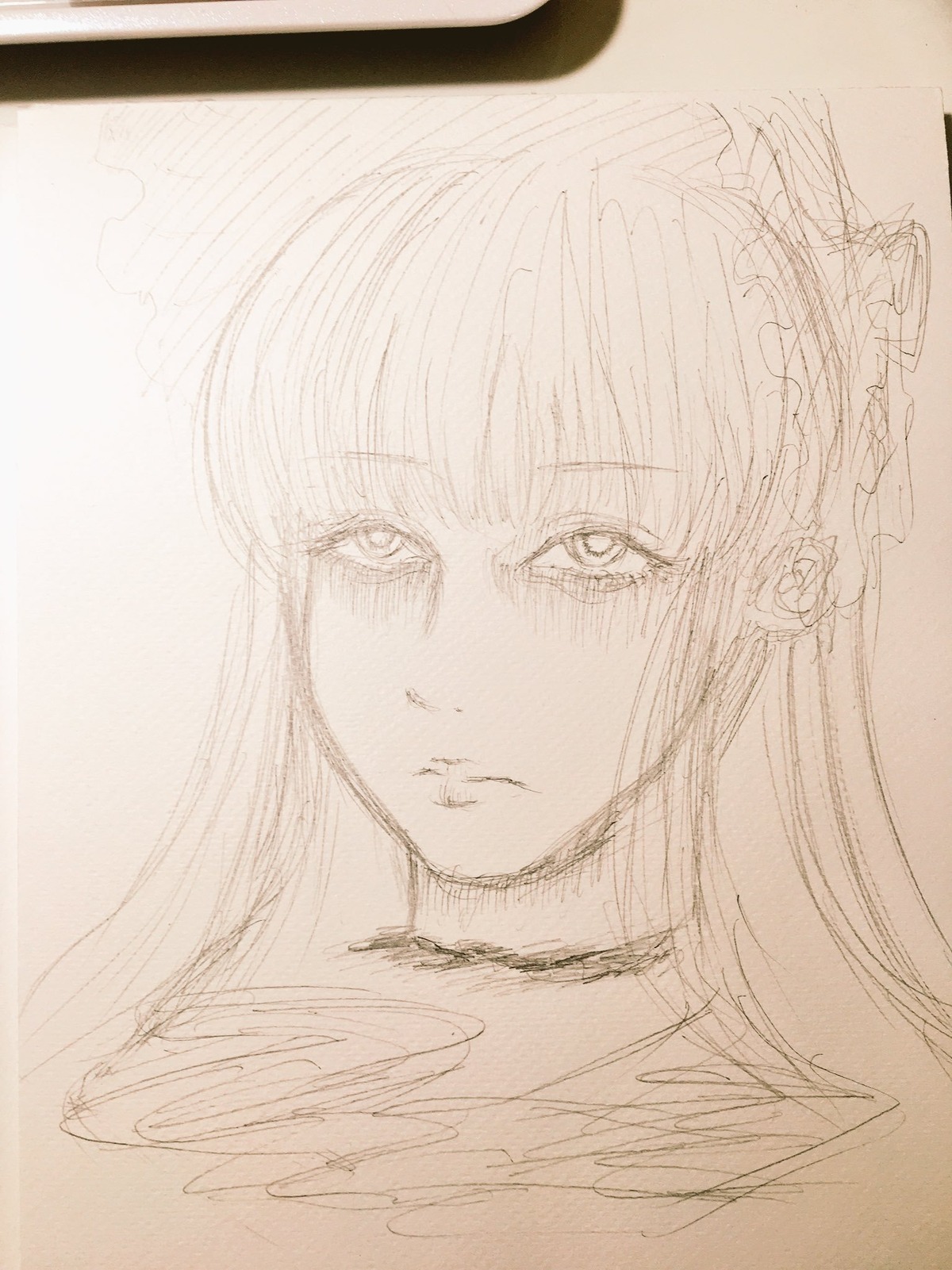 1girl bangs blush choker closed_mouth flower hair_flower hair_ornament image long_hair looking_at_viewer monochrome shinku sketch solo traditional_media