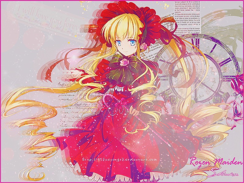 1girl blonde_hair blue_eyes bonnet bow bowtie dress drill_hair flower frills image long_hair long_sleeves looking_at_viewer red_dress rose shinku smile solo twin_drills twintails very_long_hair