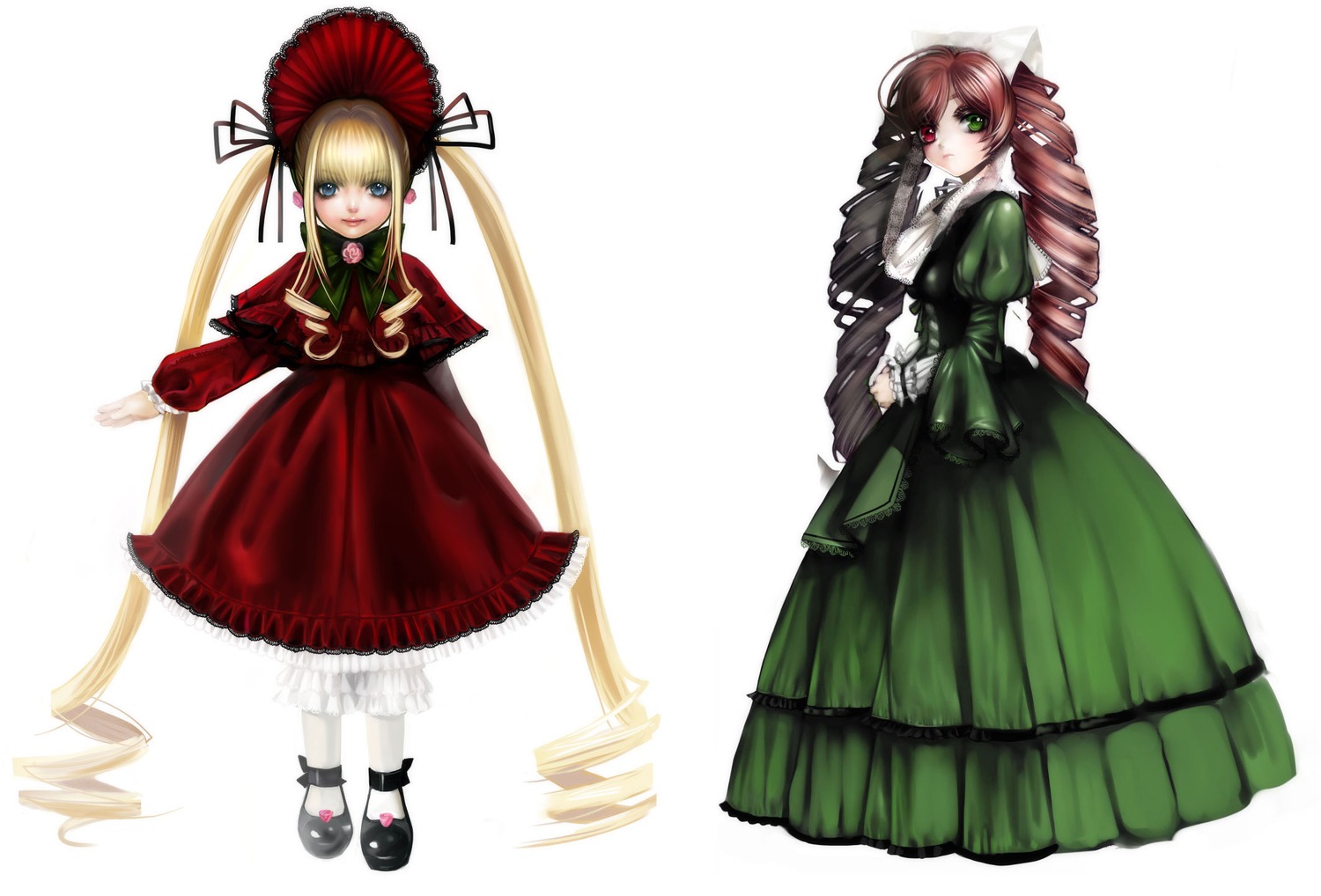 2girls blonde_hair blue_eyes bonnet bow doll dress drill_hair full_body green_bow green_eyes hat long_hair long_sleeves looking_at_viewer multiple_dolls multiple_girls shinku shoes simple_background standing tagme twin_drills twintails umbrella very_long_hair white_background white_legwear
