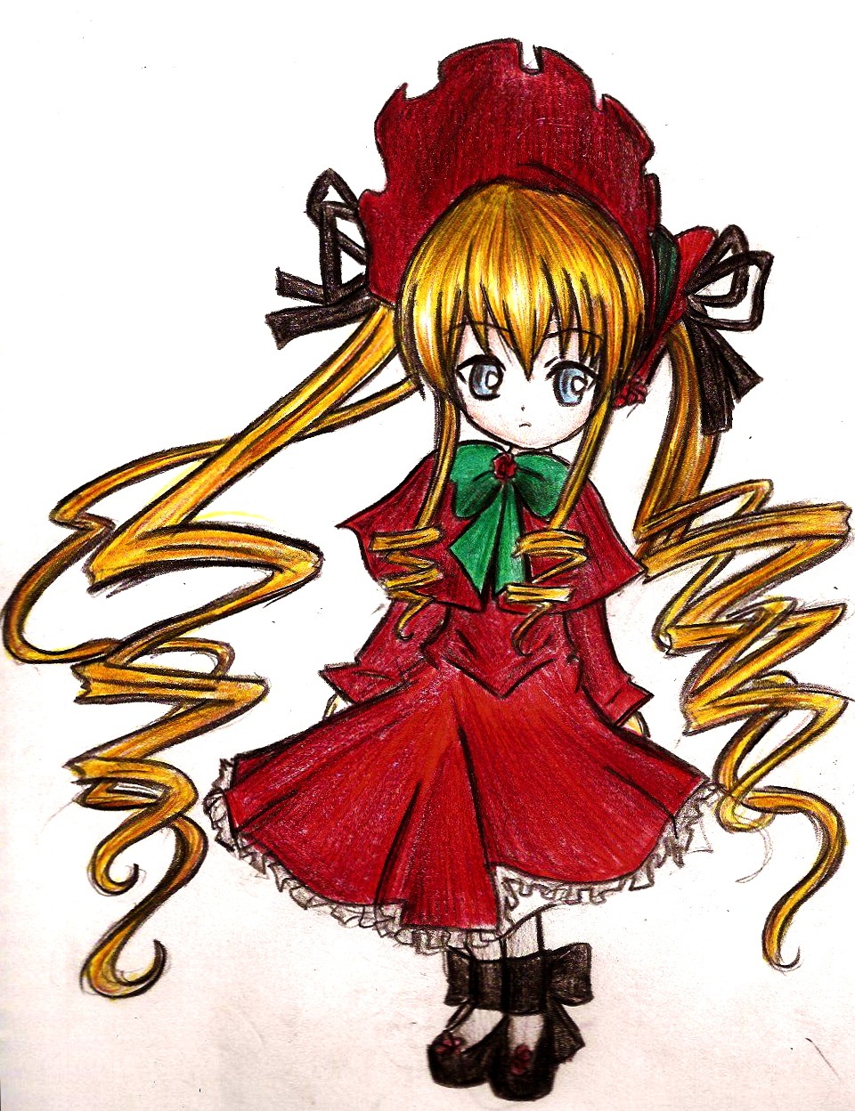1girl black_footwear blonde_hair blue_eyes bonnet bow bowtie dress drill_hair full_body green_bow green_neckwear hat image long_hair long_sleeves looking_at_viewer red_dress shinku sidelocks simple_background solo standing traditional_media twin_drills twintails very_long_hair white_background