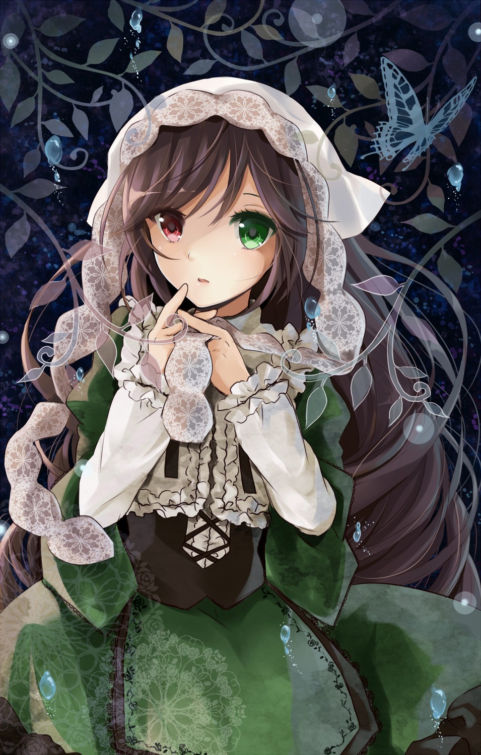 1girl bonnet brown_eyes brown_hair bug butterfly commentary_request corset dress flower green_dress green_eyes head_scarf heterochromia highres image insect layered_sleeves lolita_fashion long_hair long_sleeves looking_at_viewer plant puracotte red_eyes rozen_maiden shirt short_over_long_sleeves short_sleeves solo suiseiseki very_long_hair vines