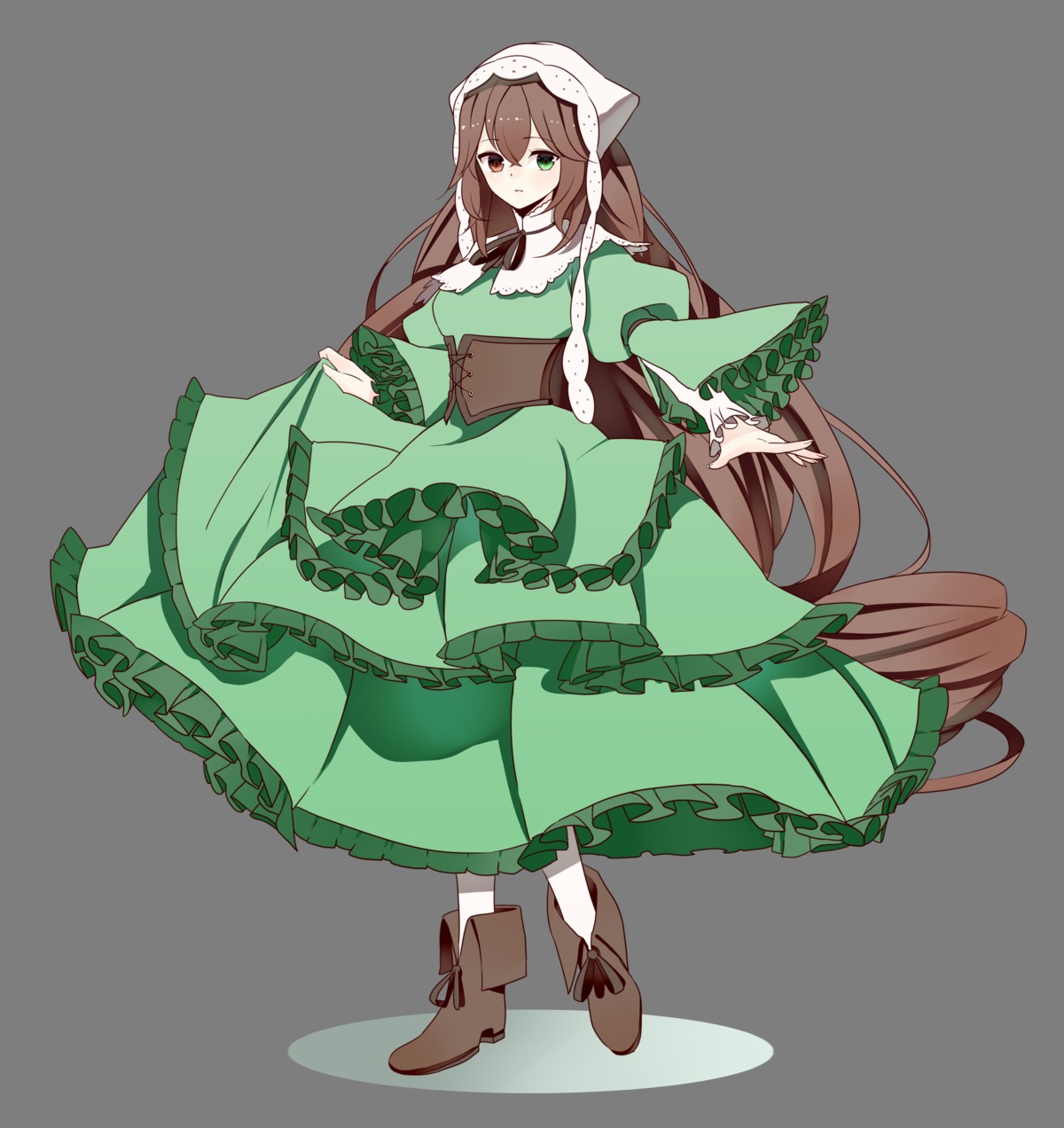 1girl boots brown_hair closed_mouth dress eyebrows_visible_through_hair frills full_body green_dress green_eyes heterochromia image long_hair long_sleeves looking_at_viewer red_eyes solo suiseiseki tachi-e transparent_background very_long_hair wide_sleeves
