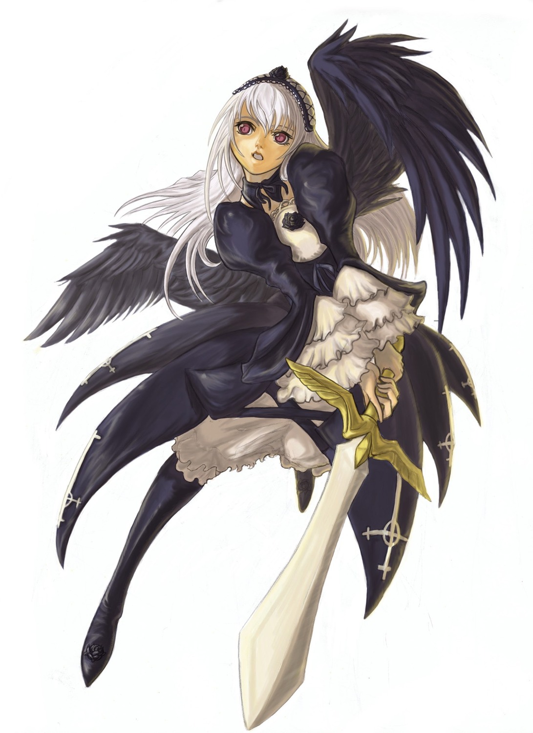 1girl black_wings boots dress feathers frills full_body holding image juliet_sleeves long_hair long_sleeves pink_eyes puffy_sleeves solo standing suigintou sword underwear weapon white_hair wings