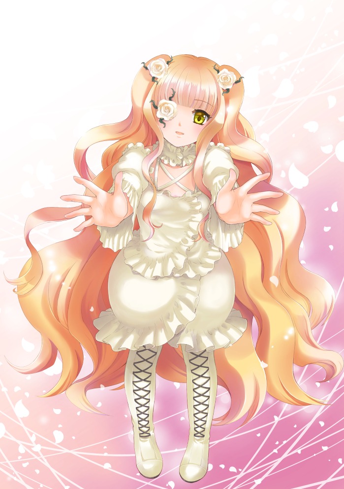 1girl blonde_hair boots cross-laced_footwear dress eyepatch flower frills hair_flower hair_ornament image kirakishou knee_boots long_hair outstretched_hand pink_hair rose solo very_long_hair yellow_eyes