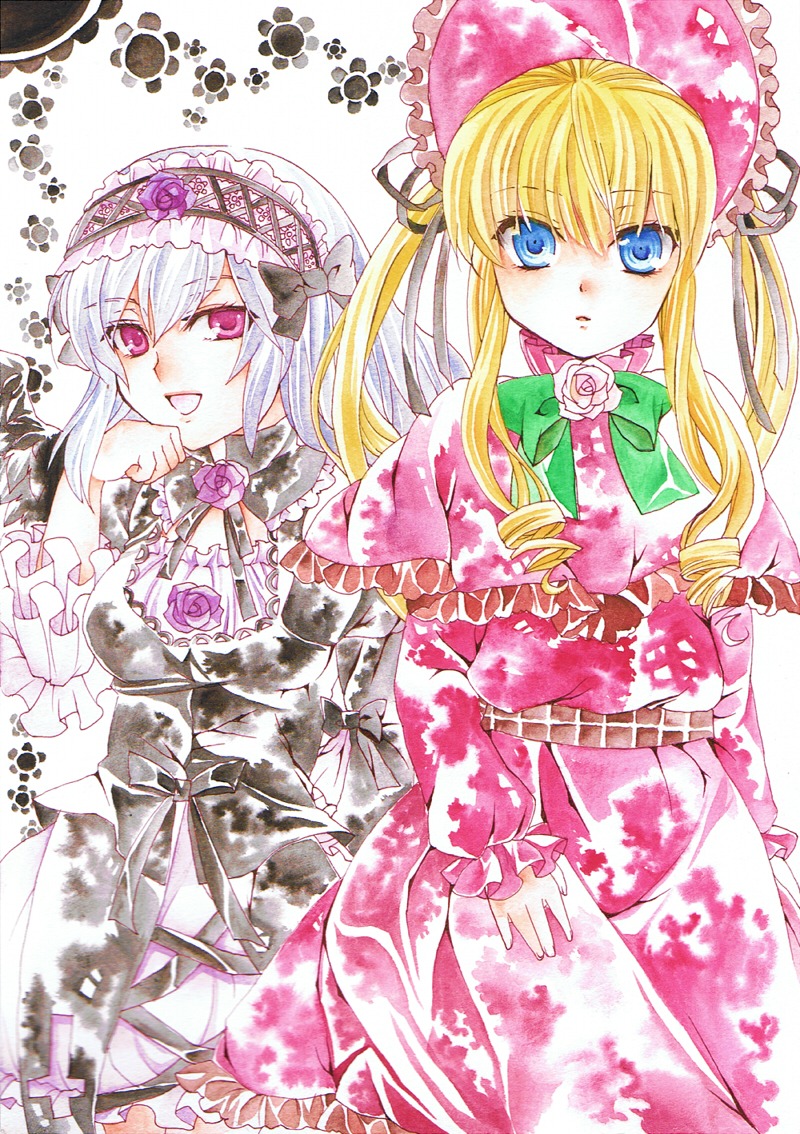 2girls blonde_hair blue_eyes bonnet bow commentary_request dress drill_hair flower frills hairband image long_hair long_sleeves looking_at_viewer multiple_girls n-mix open_mouth painting_(medium) pair pink_eyes pink_flower purple_eyes rose rozen_maiden shinku silver_hair smile suigintou traditional_media twintails watercolor_(medium)