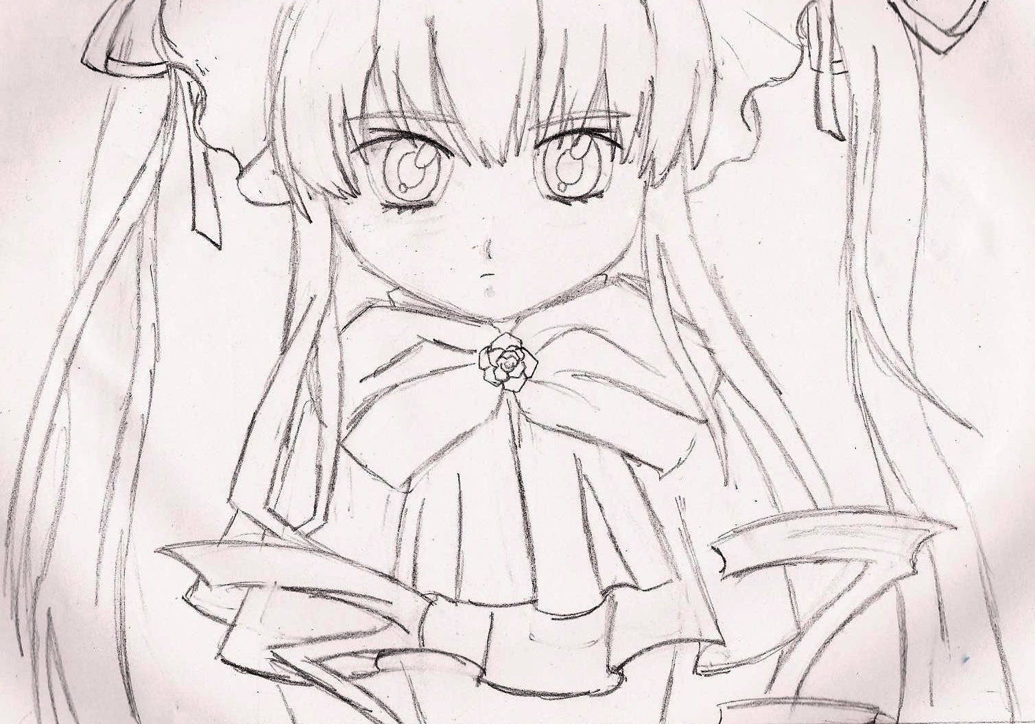 1girl bangs blush closed_mouth dress eyebrows_visible_through_hair frills frown image long_hair looking_at_viewer monochrome photo ribbon rose shinku simple_background solo traditional_media upper_body white_background