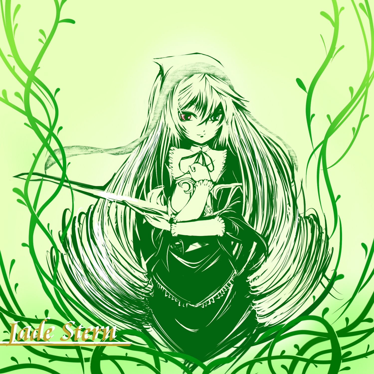 1girl bamboo bamboo_forest capelet crossed_arms dress eyebrows_visible_through_hair green_background green_theme image leaf long_hair long_sleeves looking_at_viewer monochrome plant solo standing suiseiseki very_long_hair vines