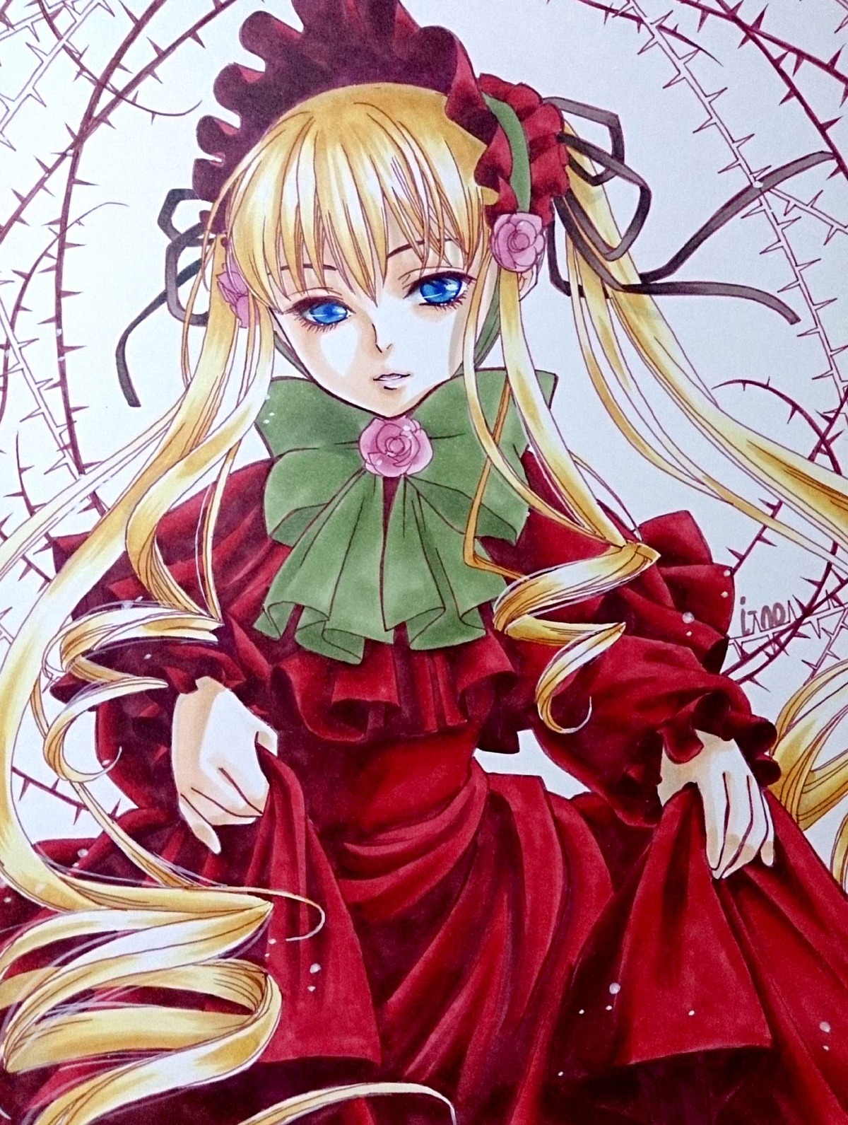 1girl blonde_hair blue_eyes bonnet bow bowtie dress drill_hair flower green_bow green_neckwear hair_ribbon image long_hair long_sleeves looking_at_viewer pink_rose red_capelet red_dress ribbon rose shinku sidelocks signature solo teacup twin_drills twintails very_long_hair