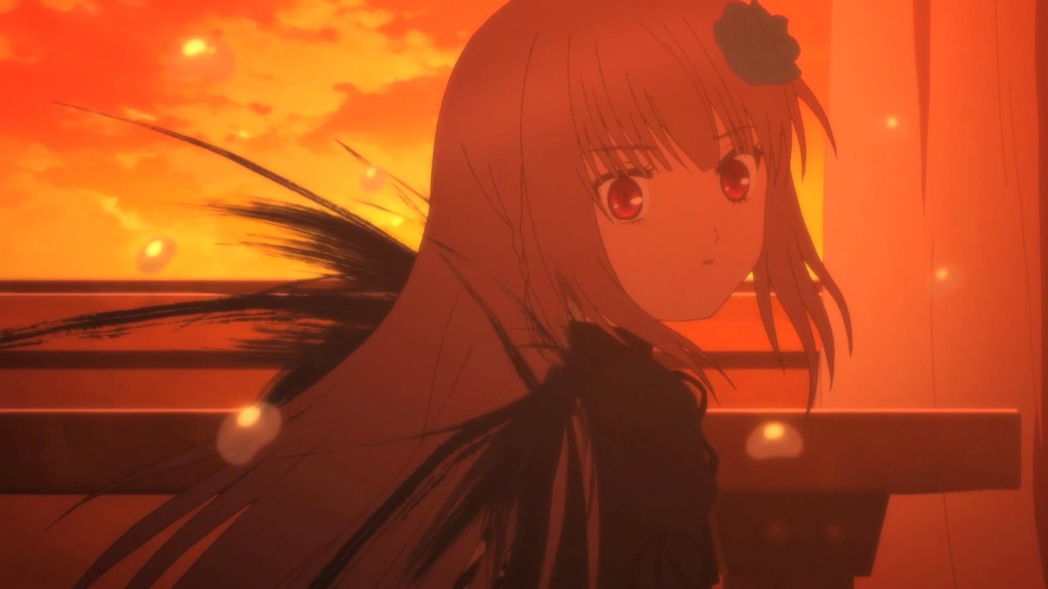 1girl bangs closed_mouth cloud eyebrows_visible_through_hair flower hair_flower hair_ornament image long_hair looking_at_viewer outdoors red_eyes sky solo suigintou sunset