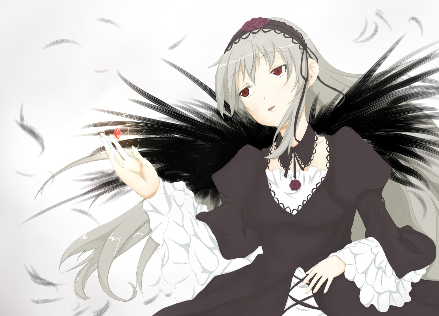 1girl auto_tagged black_dress black_feathers black_wings dress feathers flower frilled_sleeves frills hairband image juliet_sleeves lolita_hairband long_hair long_sleeves puffy_sleeves red_eyes rose silver_hair simple_background solo suigintou upper_body very_long_hair wings