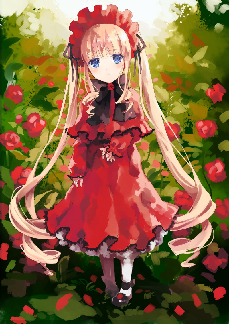 1girl bad_id bad_pixiv_id blonde_hair blue_eyes blush bonnet bow dress drill_hair flower image long_hair long_sleeves looking_at_viewer mary_janes pantyhose red_dress red_flower red_rose rose rozen_maiden shinku shoes solo standing twintails very_long_hair white_legwear yumekui