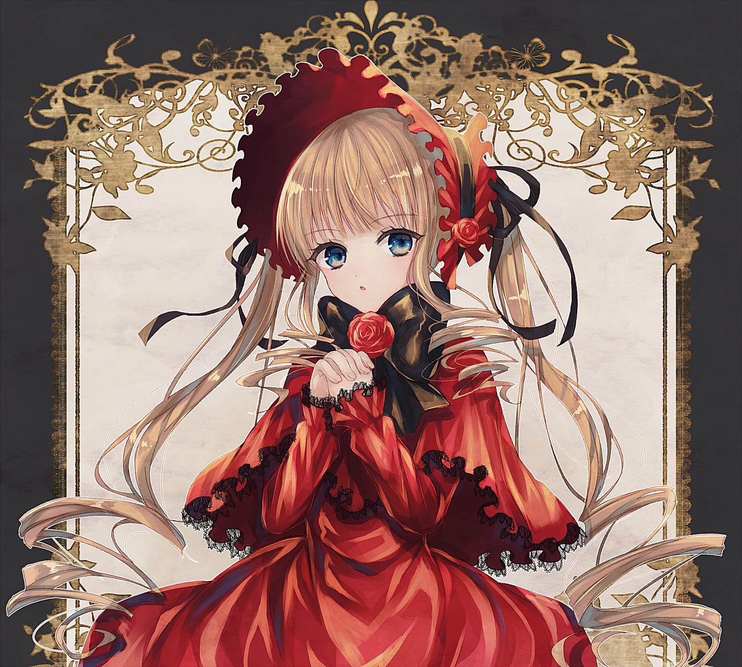 1girl bangs black_ribbon blonde_hair blue_eyes bonnet bow capelet dress eyebrows_visible_through_hair flower holding holding_flower image long_hair long_sleeves looking_at_viewer red_capelet red_dress red_flower red_rose rose shinku solo twintails