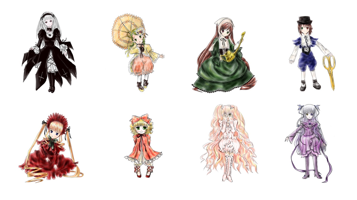 6+girls blonde_hair blue_eyes bow breasts brown_eyes brown_hair dress flower frills gloves green_eyes hair_ornament hat heterochromia holding image long_hair long_sleeves looking_at_viewer multiple multiple_girls parasol pink_bow pink_hair pipe red_eyes ribbon shoes short_hair silver_hair smile suiseiseki tagme twintails umbrella very_long_hair weapon white_background white_hair wings