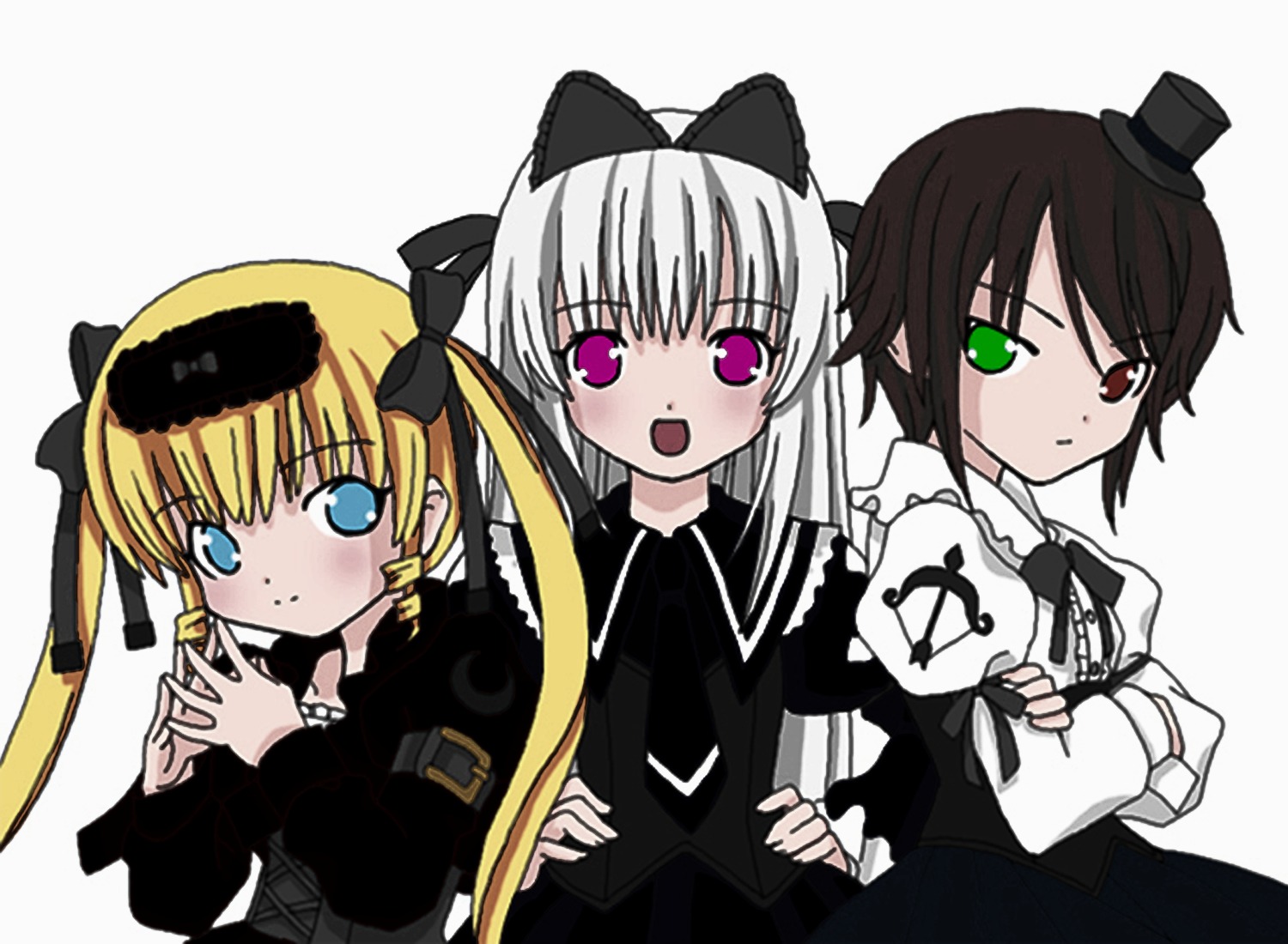 3girls blonde_hair blue_eyes cross dress green_eyes hat heterochromia image lolita_fashion long_hair long_sleeves looking_at_viewer mini_hat mini_top_hat multiple multiple_girls open_mouth ribbon short_hair smile striped tagme top_hat twintails