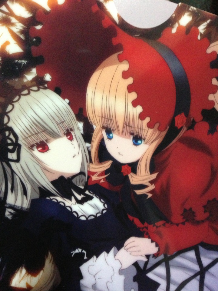 2girls blonde_hair blue_eyes dress flower frills hairband image long_hair long_sleeves looking_at_viewer multiple_girls pair red_eyes rose shinku suigintou