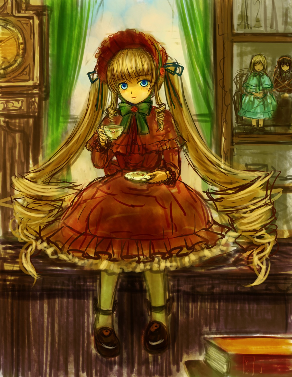 1girl blonde_hair blue_eyes bonnet bow bowtie cup dress full_body image indoors long_hair long_sleeves looking_at_viewer red_dress saucer shinku shoes sitting solo table teacup twintails very_long_hair window