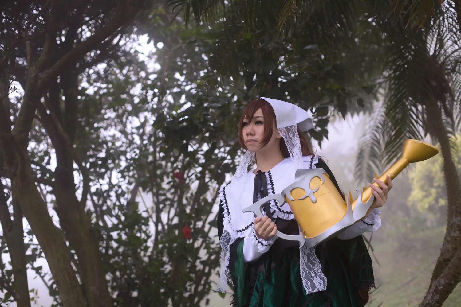 1girl brown_hair forest long_sleeves nature outdoors snow solo suiseiseki tree