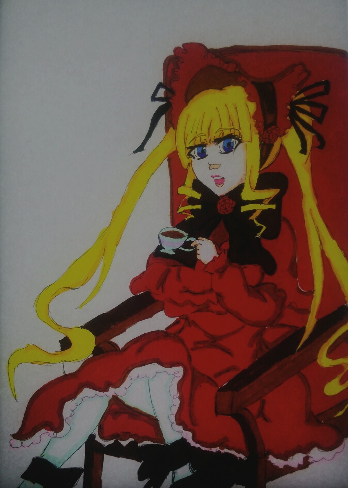 1girl bangs blonde_hair blue_eyes bonnet bow cup dress frills holding holding_cup image long_hair long_sleeves looking_at_viewer open_mouth red_dress saucer shinku sitting solo teacup twintails very_long_hair