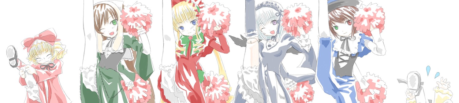 6+girls absurdres artist_request blonde_hair bloomers blue_eyes bow brown_hair dress drill_hair everyone flower green_eyes hairband hat head_scarf heterochromia highres hina_ichigo image kanaria kicking long_hair long_sleeves looking_at_viewer multiple multiple_girls open_mouth pink_bow rozen_maiden shinku shoes short_hair siblings sisters smile souseiseki suigintou suiseiseki tagme twins twintails underwear wide_image