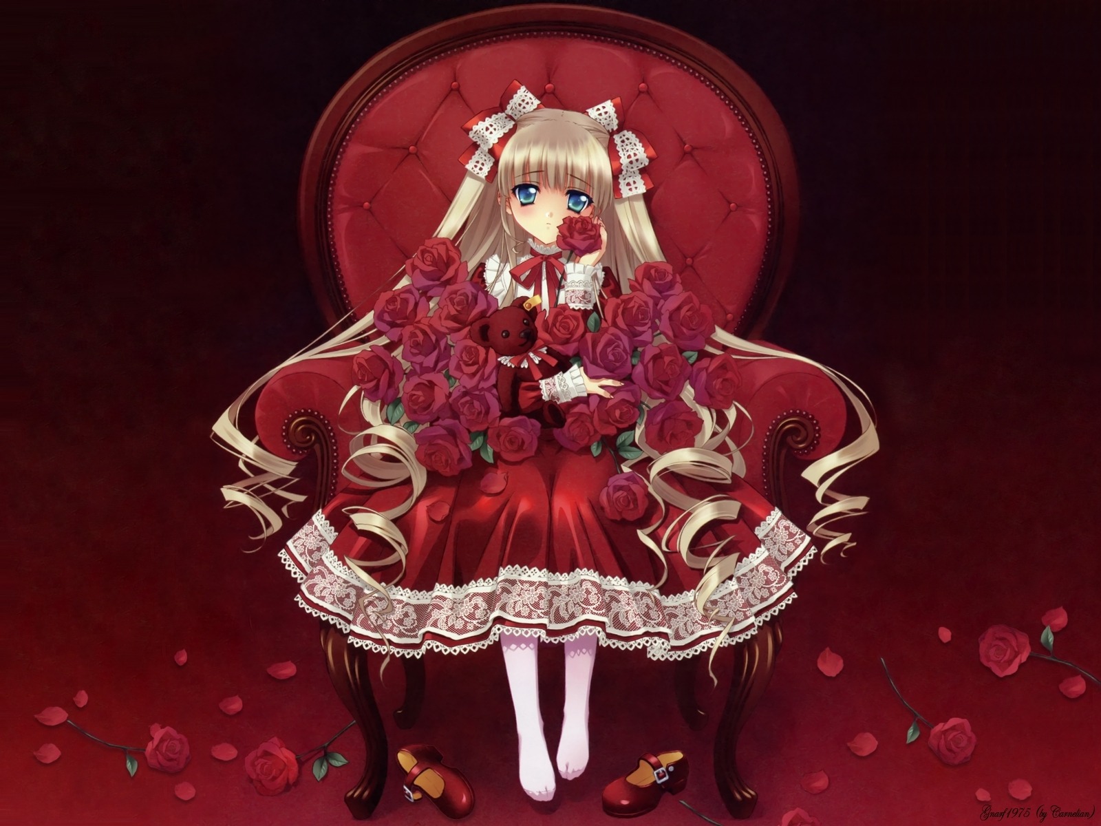 1girl blonde_hair blue_eyes dress flower image lolita_fashion long_hair mary_janes pantyhose petals pink_flower pink_rose red_dress red_flower red_rose red_theme rose rose_petals shinku shoes solo thorns very_long_hair vines white_legwear