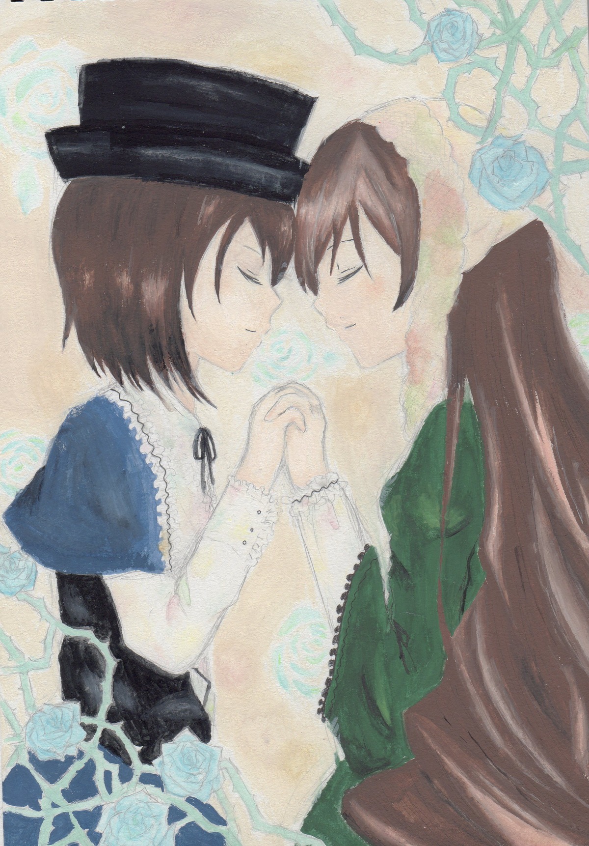 2girls black_rose blue_flower blue_rose brown_hair closed_eyes dress flower green_dress hat holding_hands image incest interlocked_fingers long_hair long_sleeves multiple_girls pair pink_rose purple_rose red_rose rose short_hair siblings sisters smile souseiseki suiseiseki twins white_flower white_rose yuri