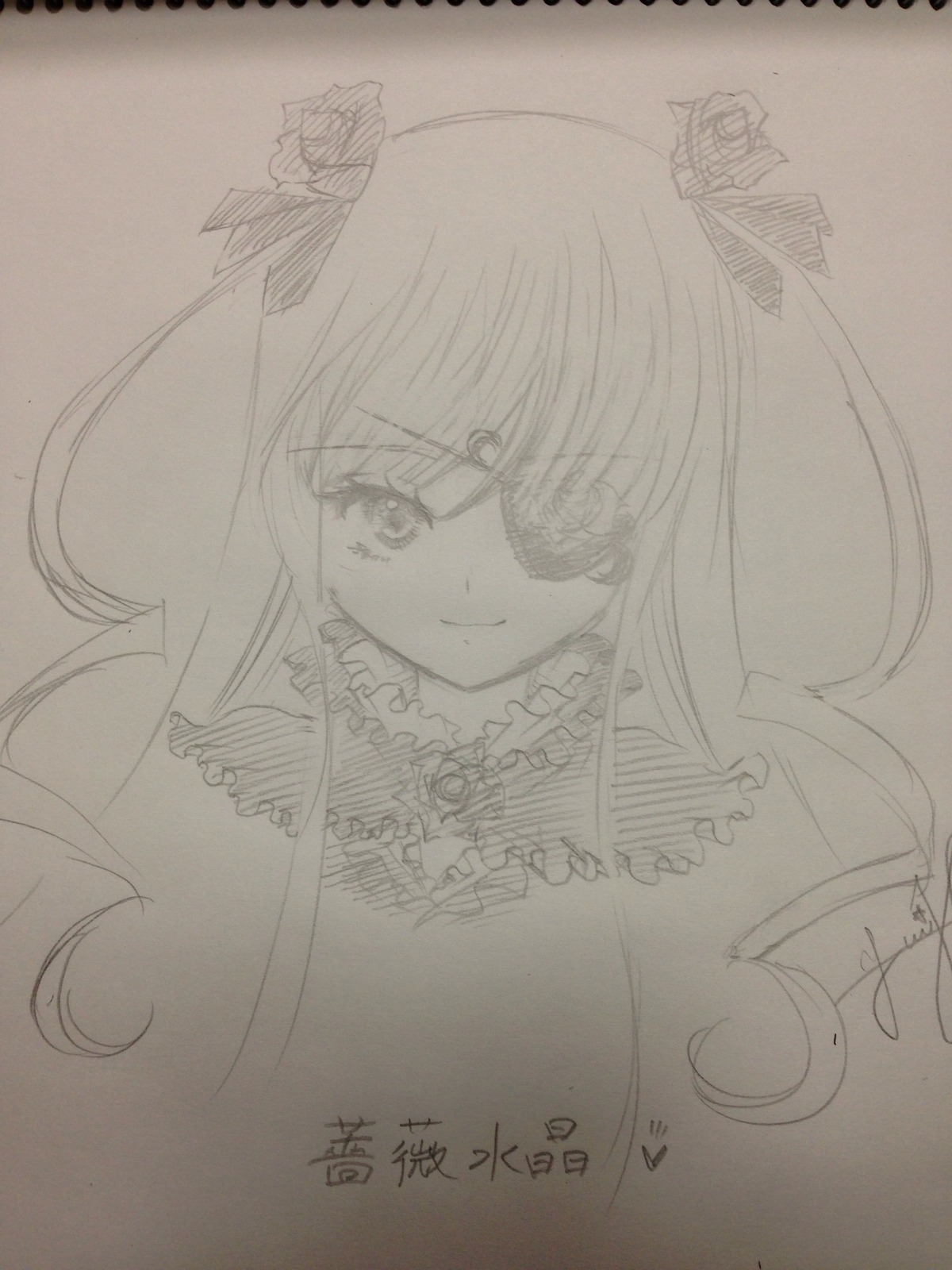 1girl barasuishou flower frills hair_ornament image long_hair looking_at_viewer monochrome photo ribbon rose sketch smile solo traditional_media upper_body