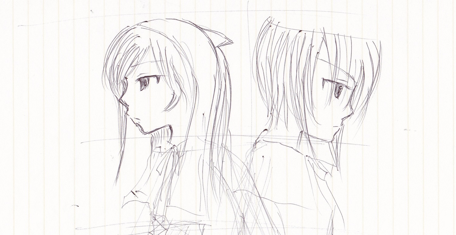 2girls image long_hair monochrome multiple_girls pair profile short_hair sketch souseiseki suiseiseki