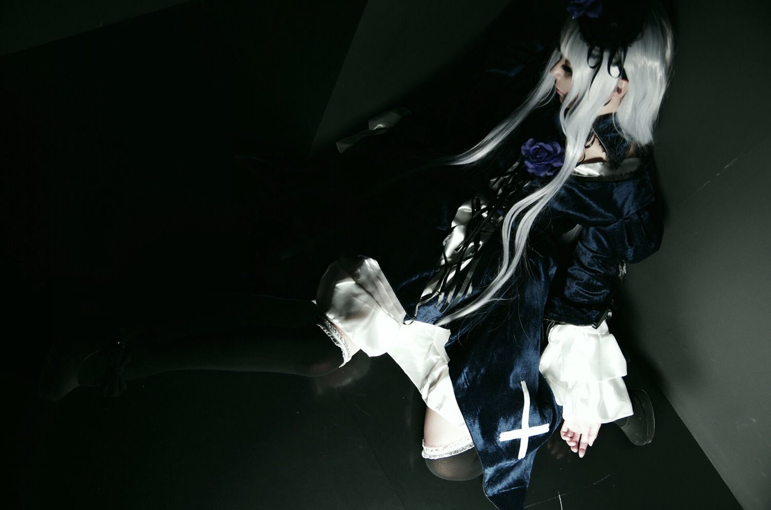 1girl black_dress black_legwear blue_flower blue_rose dress flower frills gothic_lolita lolita_fashion long_hair long_sleeves profile rose sitting solo suigintou white_hair