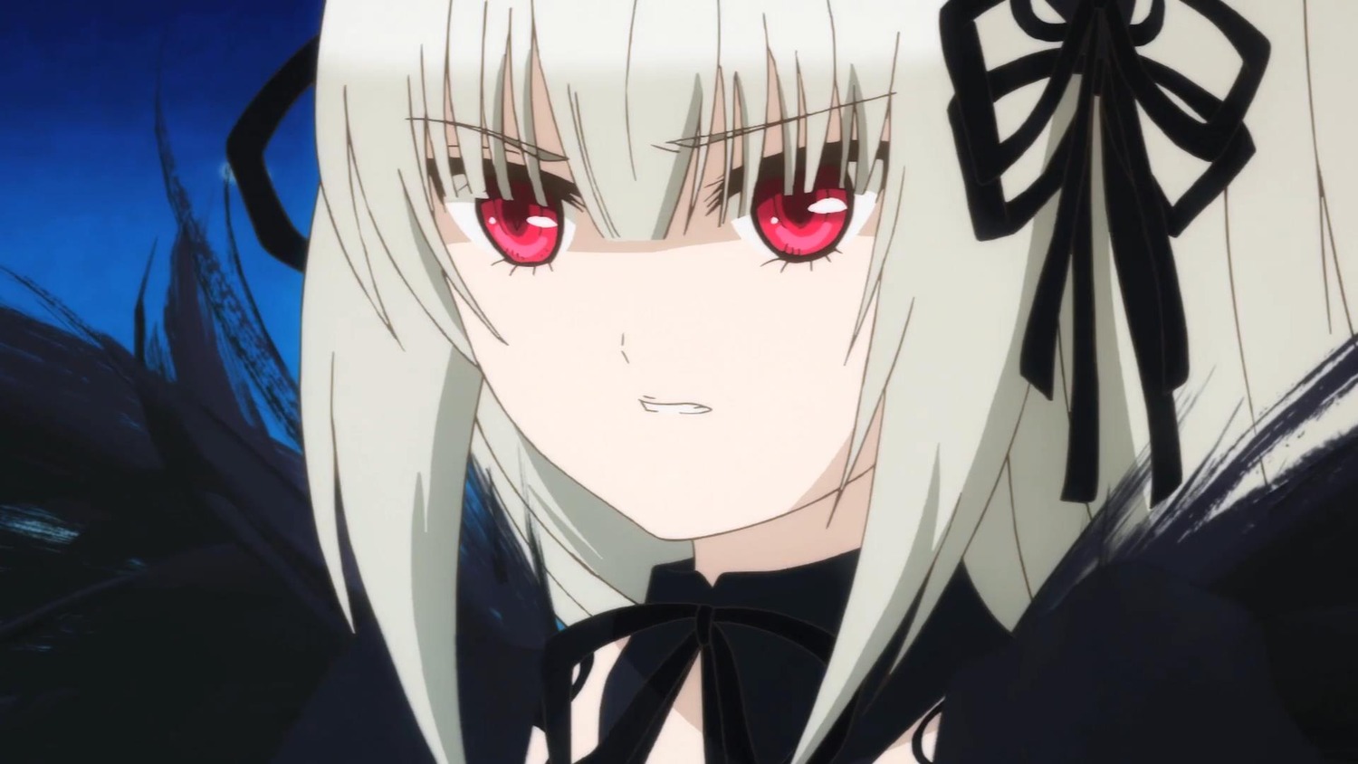 1girl bangs black_dress black_ribbon black_wings detached_collar dress eyebrows_visible_through_hair hair_ribbon image long_hair looking_at_viewer parted_lips portrait red_eyes ribbon silver_hair simple_background solo suigintou