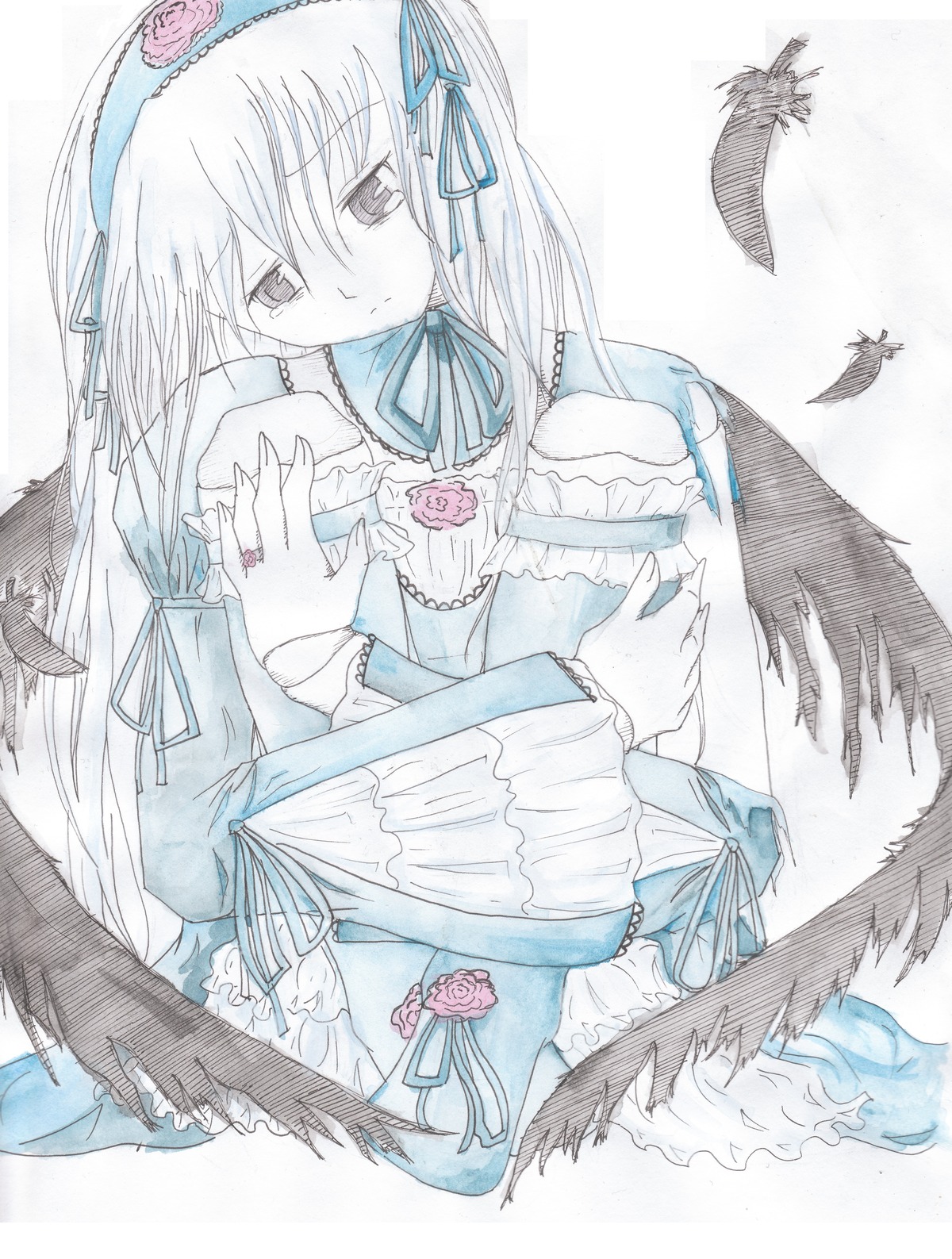 1girl black_feathers black_wings dress feathers flower frills hairband image long_hair long_sleeves ribbon rose simple_background solo suigintou wings