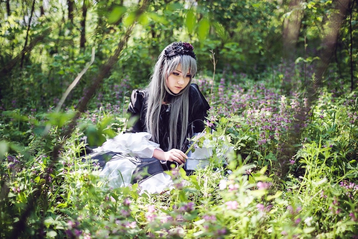 1girl bangs black_dress day dress flower hairband holding long_hair long_sleeves outdoors silver_hair sitting solo suigintou