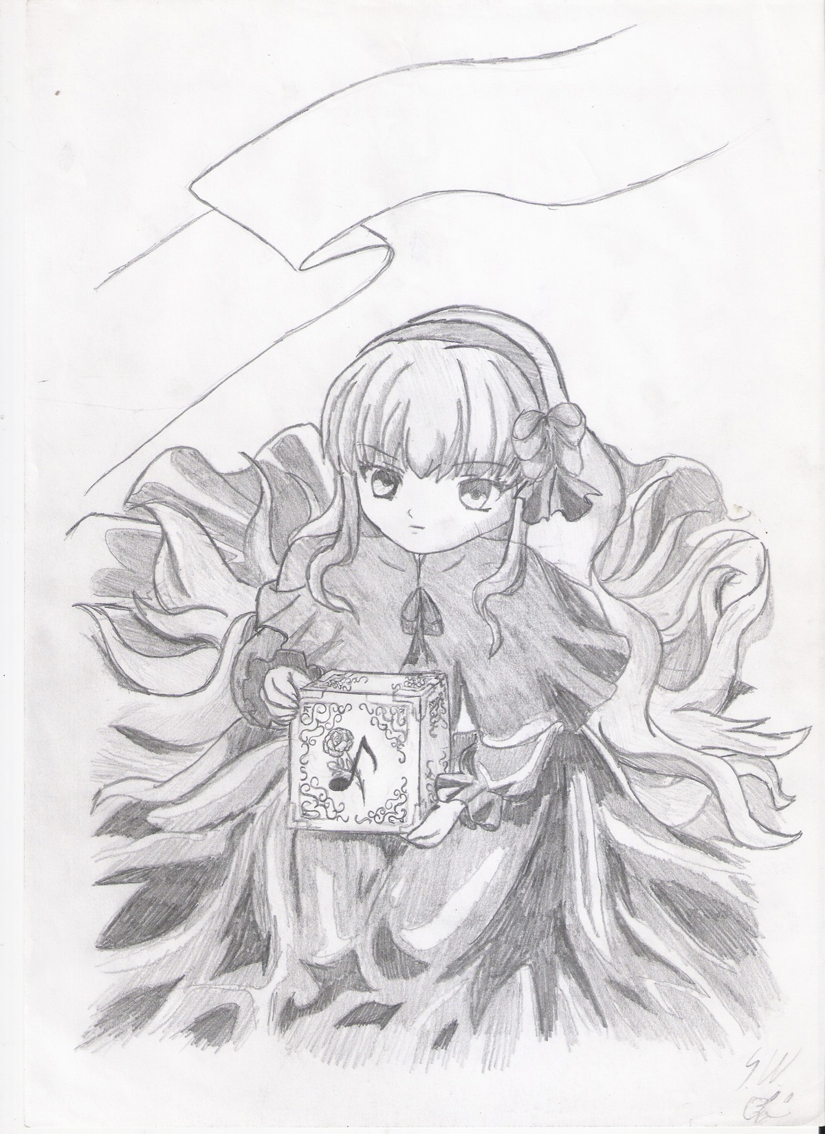 1girl book dress flower greyscale hair_flower hair_ornament hairband image long_hair long_sleeves looking_at_viewer monochrome smile solo suigintou traditional_media very_long_hair