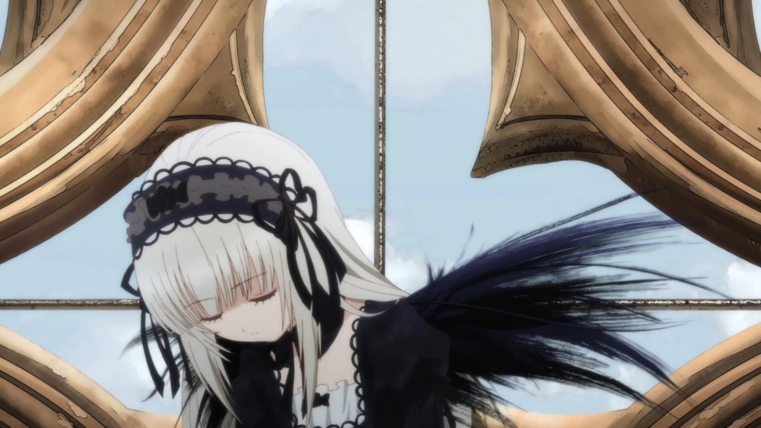 1girl bangs black_dress black_ribbon black_wings closed_eyes closed_mouth detached_collar dress frills gothic_lolita hairband image lolita_fashion lolita_hairband long_hair long_sleeves ribbon silver_hair solo suigintou very_long_hair wings