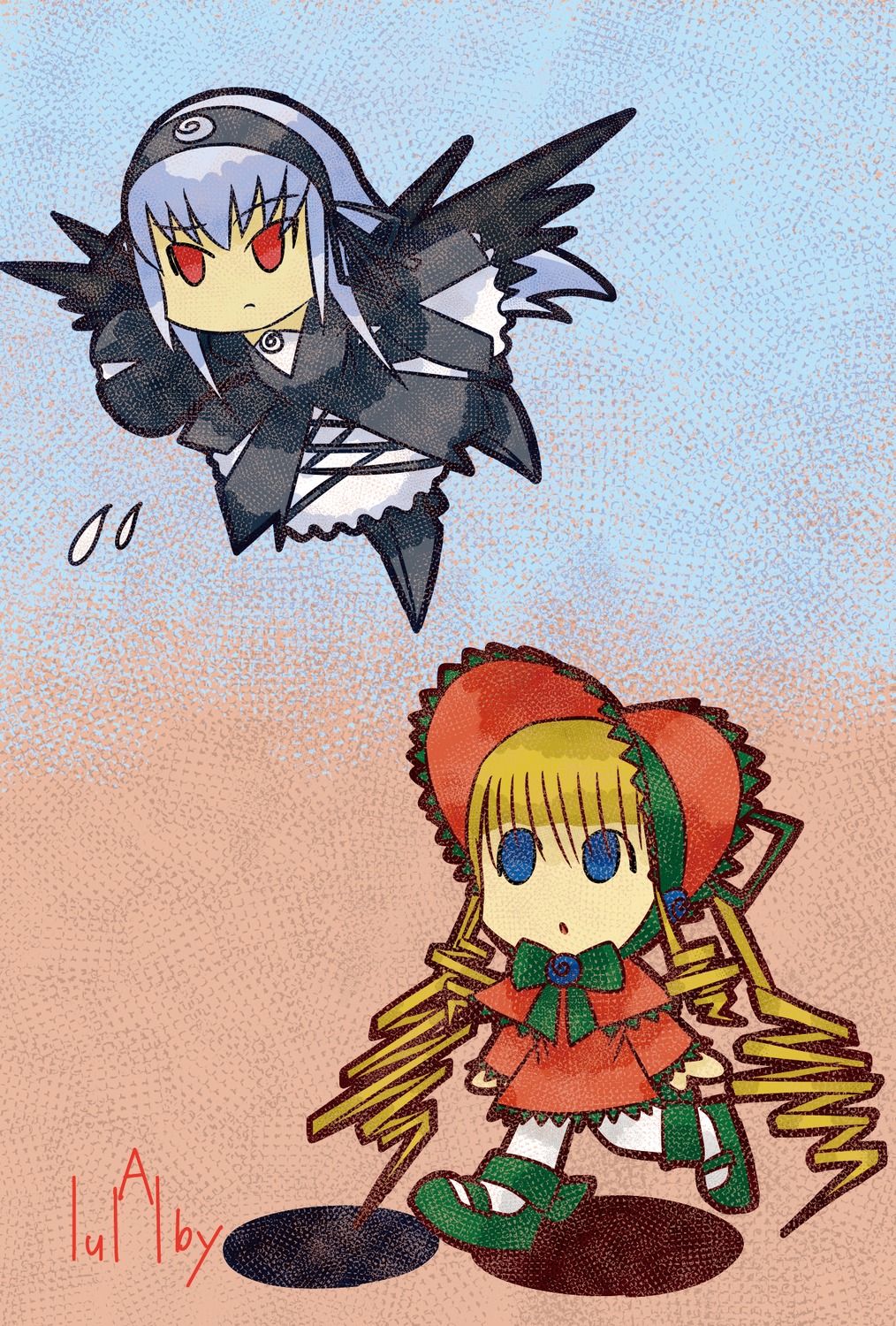 2girls black_wings blonde_hair blue_eyes bonnet bow dress drill_hair flower frills hat image long_hair long_sleeves multiple_girls pair red_eyes shinku suigintou twintails wings