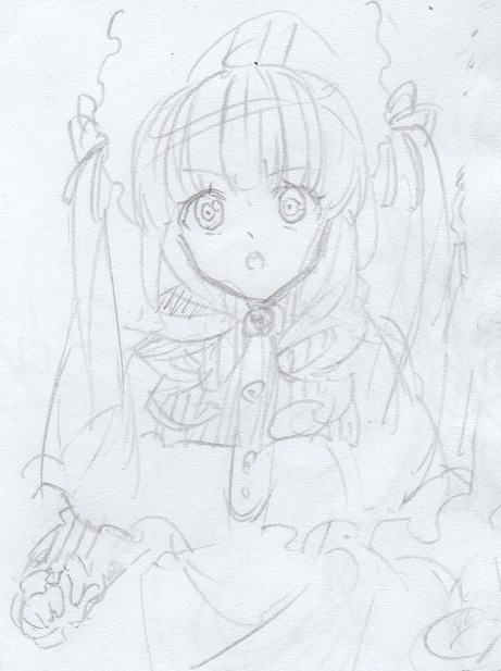 1girl blush dress image long_hair looking_at_viewer monochrome shinku simple_background sketch solo white_background