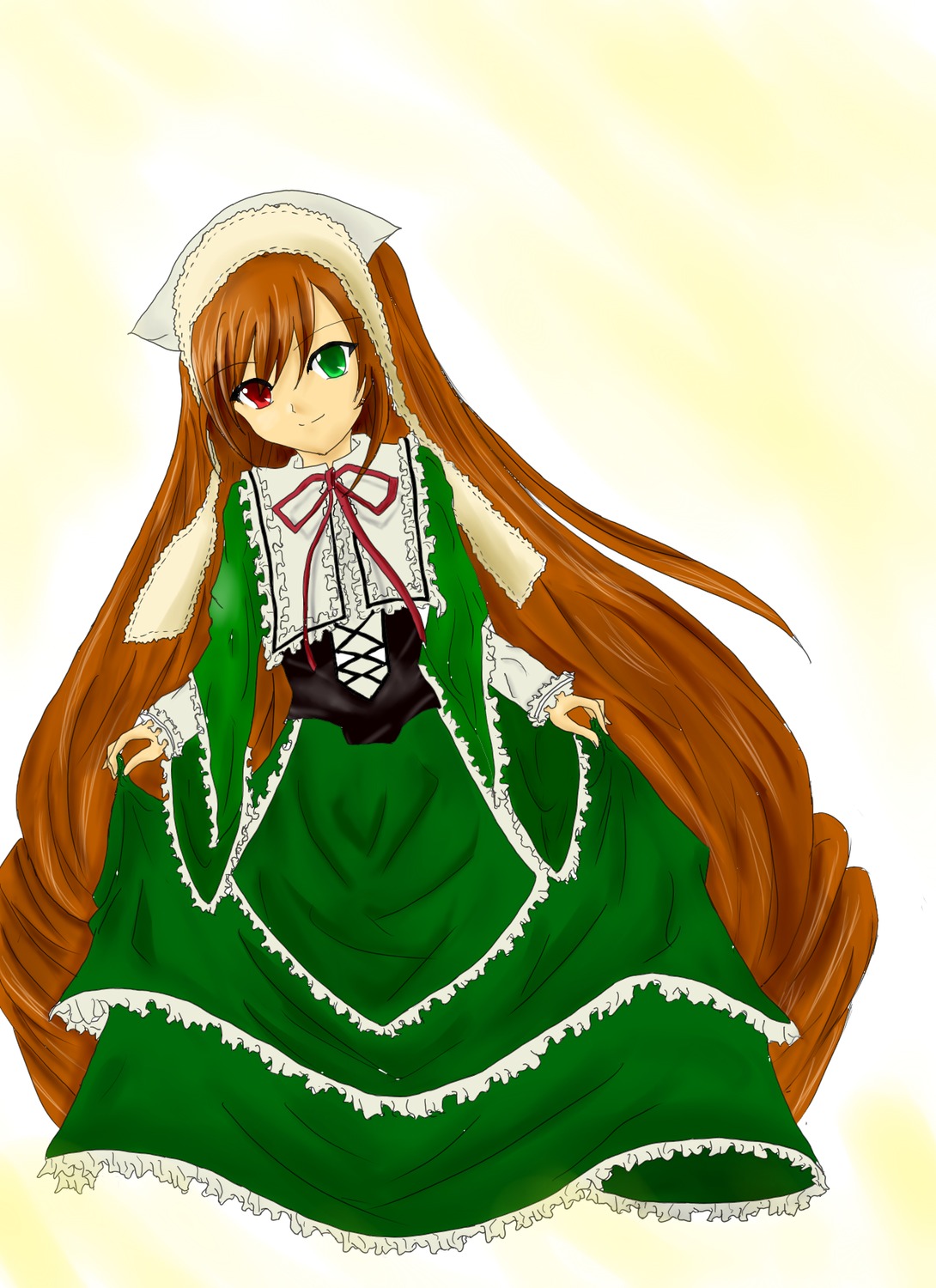 1girl brown_hair dress frills green_dress green_eyes heterochromia image long_hair long_sleeves looking_at_viewer red_eyes smile solo suiseiseki twintails very_long_hair