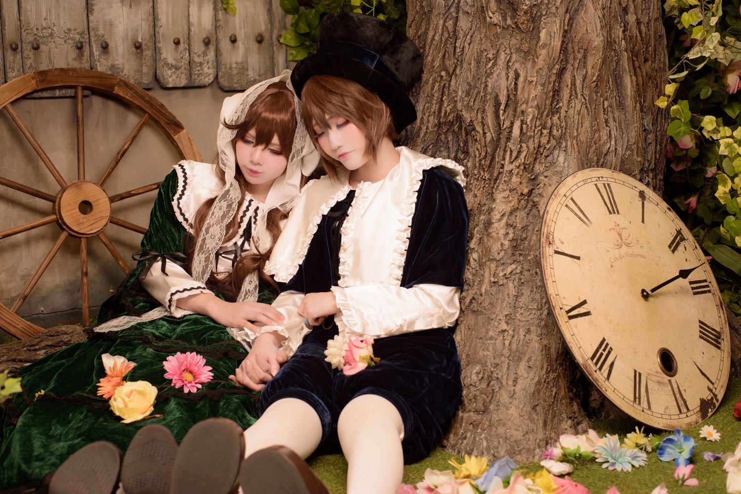 black_shorts brown_hair clock closed_eyes flower hat hood lips long_sleeves multiple_cosplay short_hair shorts sitting tagme white_flower