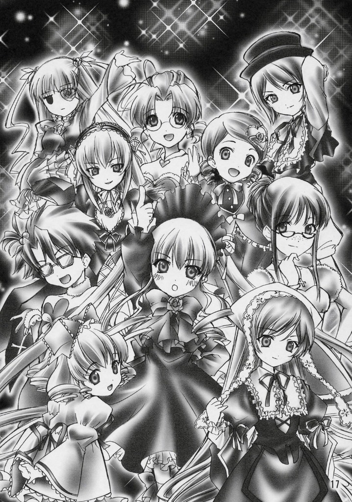 6+girls :d blush bow doujinshi doujinshi_#8 dress everyone glasses greyscale hat image kanaria long_hair long_sleeves looking_at_viewer monochrome multiple multiple_girls open_mouth shinku sisters smile suigintou suiseiseki top_hat twintails very_long_hair