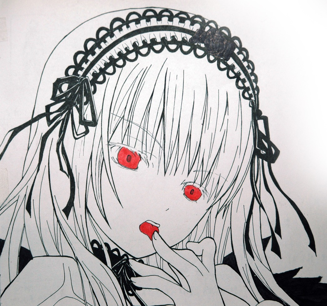 1girl auto_tagged bangs black_ribbon eyebrows_visible_through_hair hair_between_eyes hairband holding image long_hair looking_at_viewer open_mouth red_eyes ribbon rose simple_background solo suigintou tongue tongue_out traditional_media