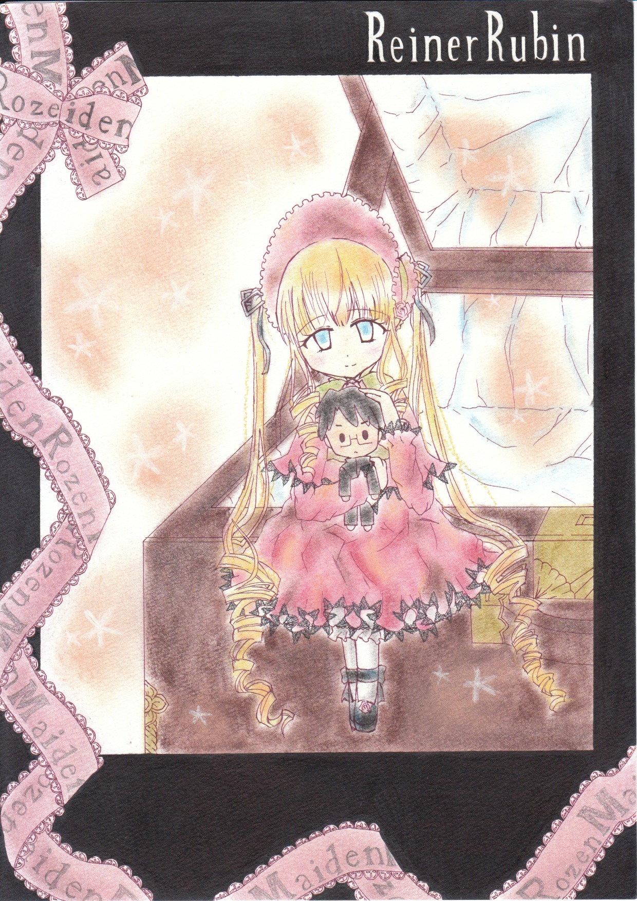 1girl blonde_hair blue_eyes bonnet bow character_doll doll dress drill_hair frills image long_hair looking_at_viewer shinku shoes sitting solo traditional_media very_long_hair