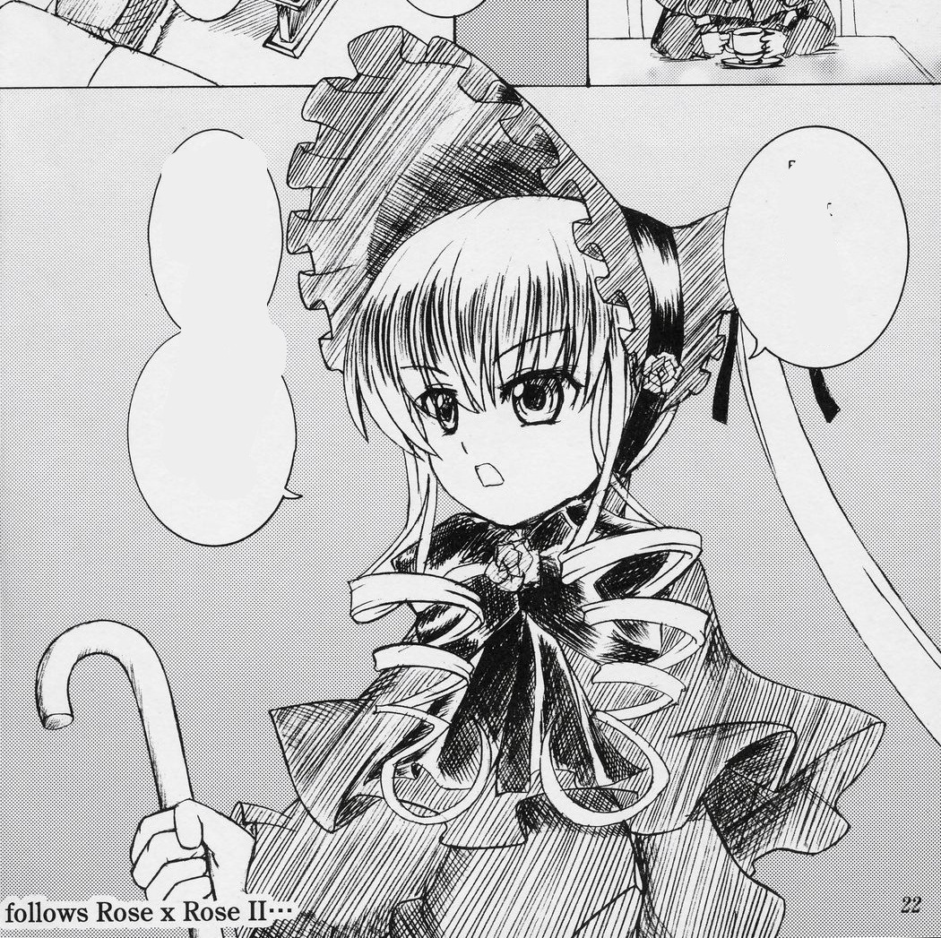 1girl bonnet dress greyscale image long_hair long_sleeves monochrome shinku solo speech_bubble suigintou umbrella watermark