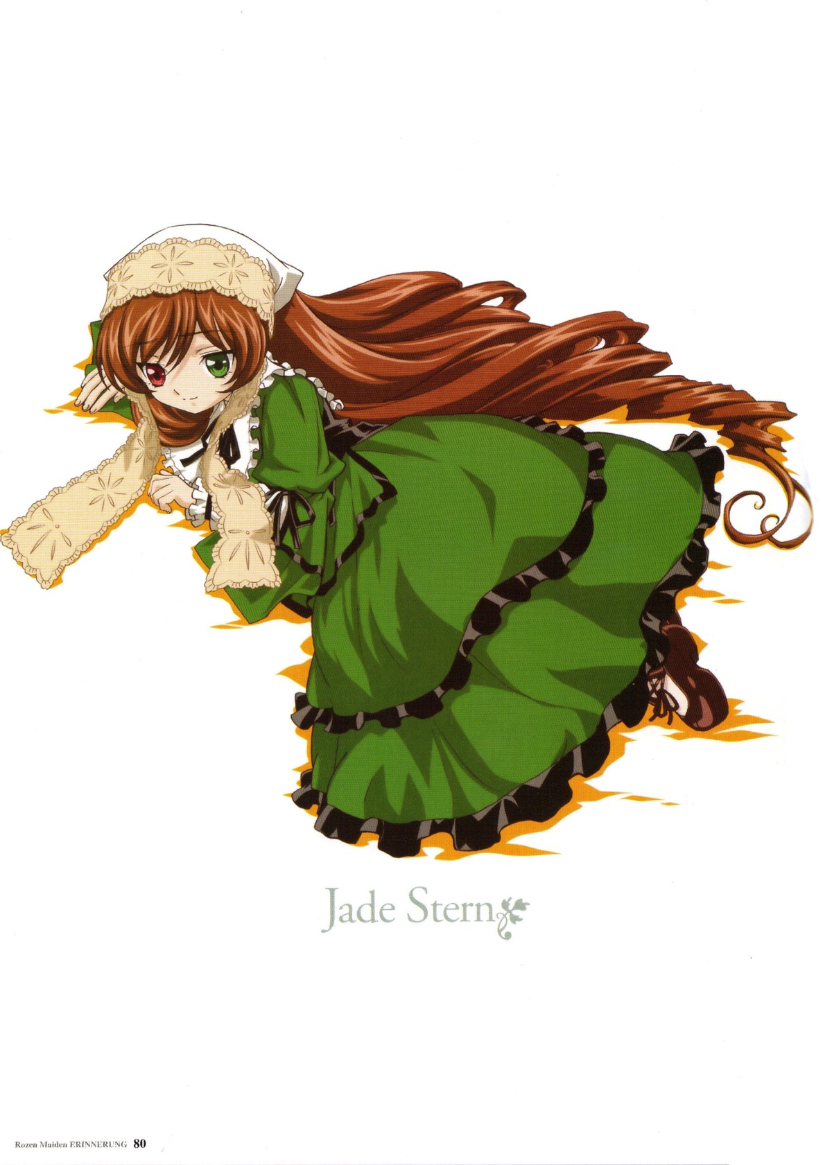 1girl brown_hair dress frills full_body green_dress green_eyes hat heterochromia image long_hair long_sleeves looking_at_viewer red_eyes simple_background solo suiseiseki very_long_hair white_background