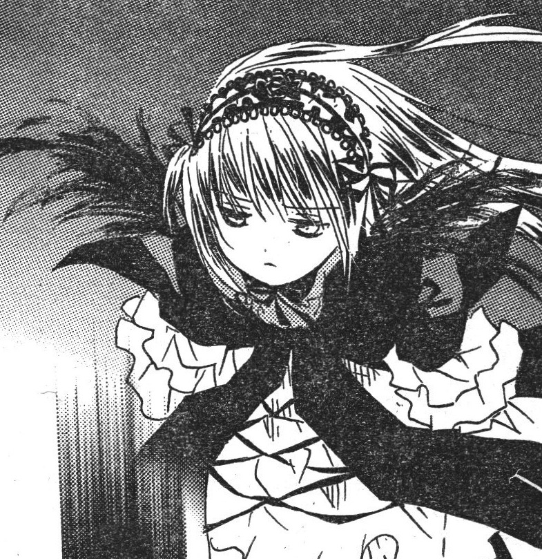 1girl black_wings closed_mouth dress floating_hair frills greyscale hairband image long_hair long_sleeves looking_afar looking_at_viewer monochrome ribbon simple_background solo suigintou upper_body very_long_hair white_background wings