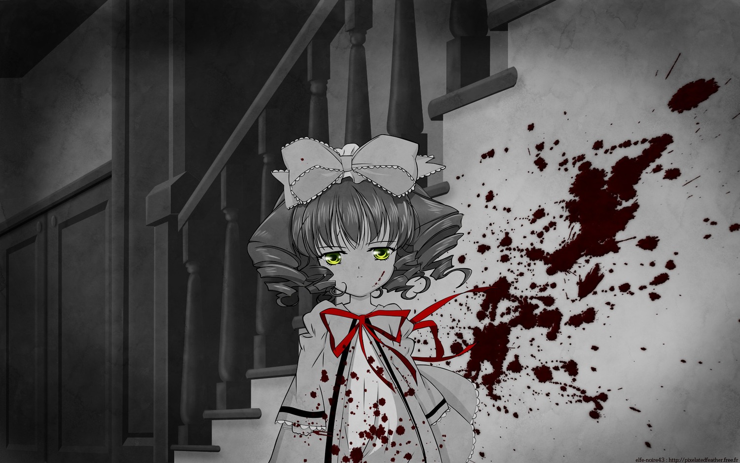 1girl auto_tagged blood blood_on_face blood_splatter blood_stain bloody_clothes bloody_hands bloody_weapon bow dress hinaichigo image long_sleeves looking_at_viewer monochrome ribbon short_hair solo spot_color