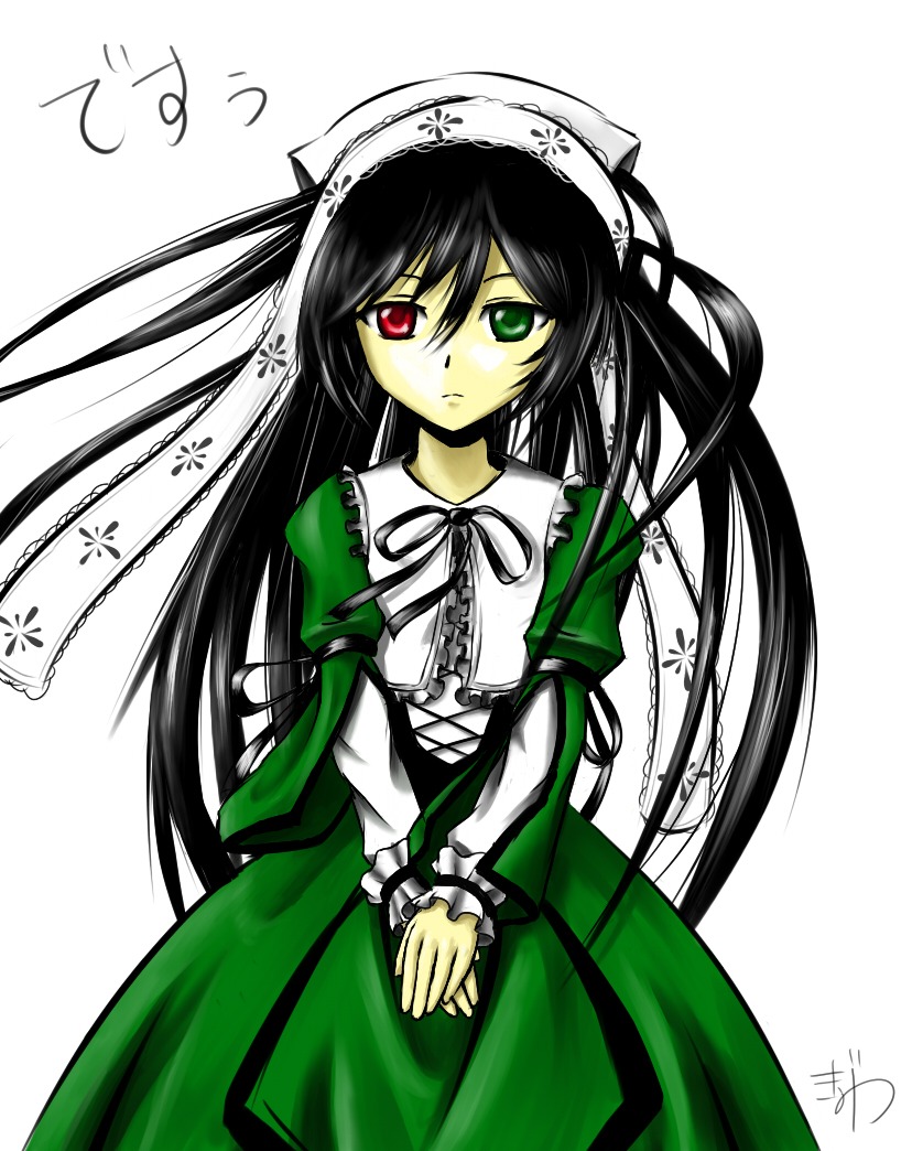 1girl dress flat_chest frills green_dress green_eyes hairband heterochromia image long_hair long_sleeves looking_at_viewer red_eyes ribbon simple_background solo suiseiseki twintails very_long_hair white_background