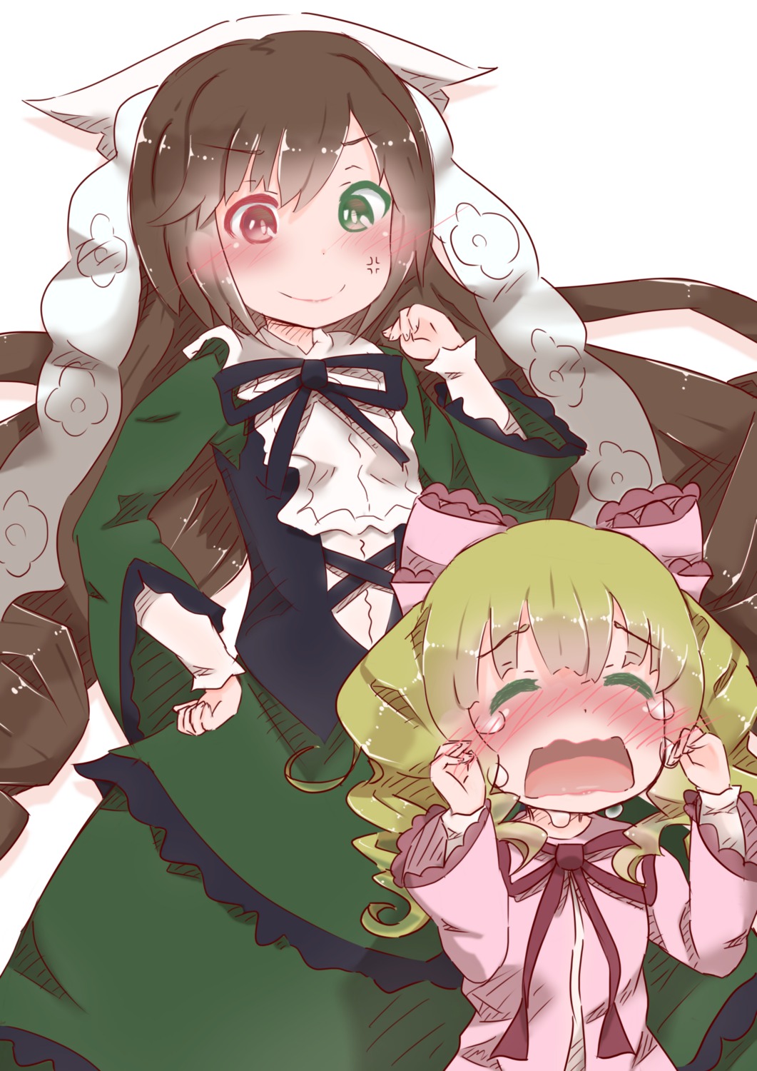 2girls blush brown_hair closed_eyes dress drill_hair green_eyes hinaichigo image long_hair long_sleeves looking_at_viewer multiple_girls open_mouth pair smile suiseiseki tears twintails