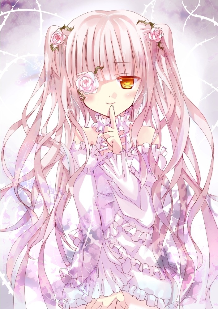 1girl dress eyepatch finger_to_mouth flower frills hair_flower hair_ornament image kirakishou long_hair pink_hair rose shushing smile solo twintails very_long_hair yellow_eyes