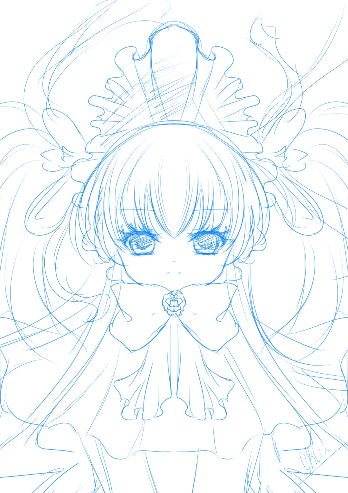 1girl blue_theme blush emphasis_lines image lineart long_hair monochrome shinku sketch solo tears