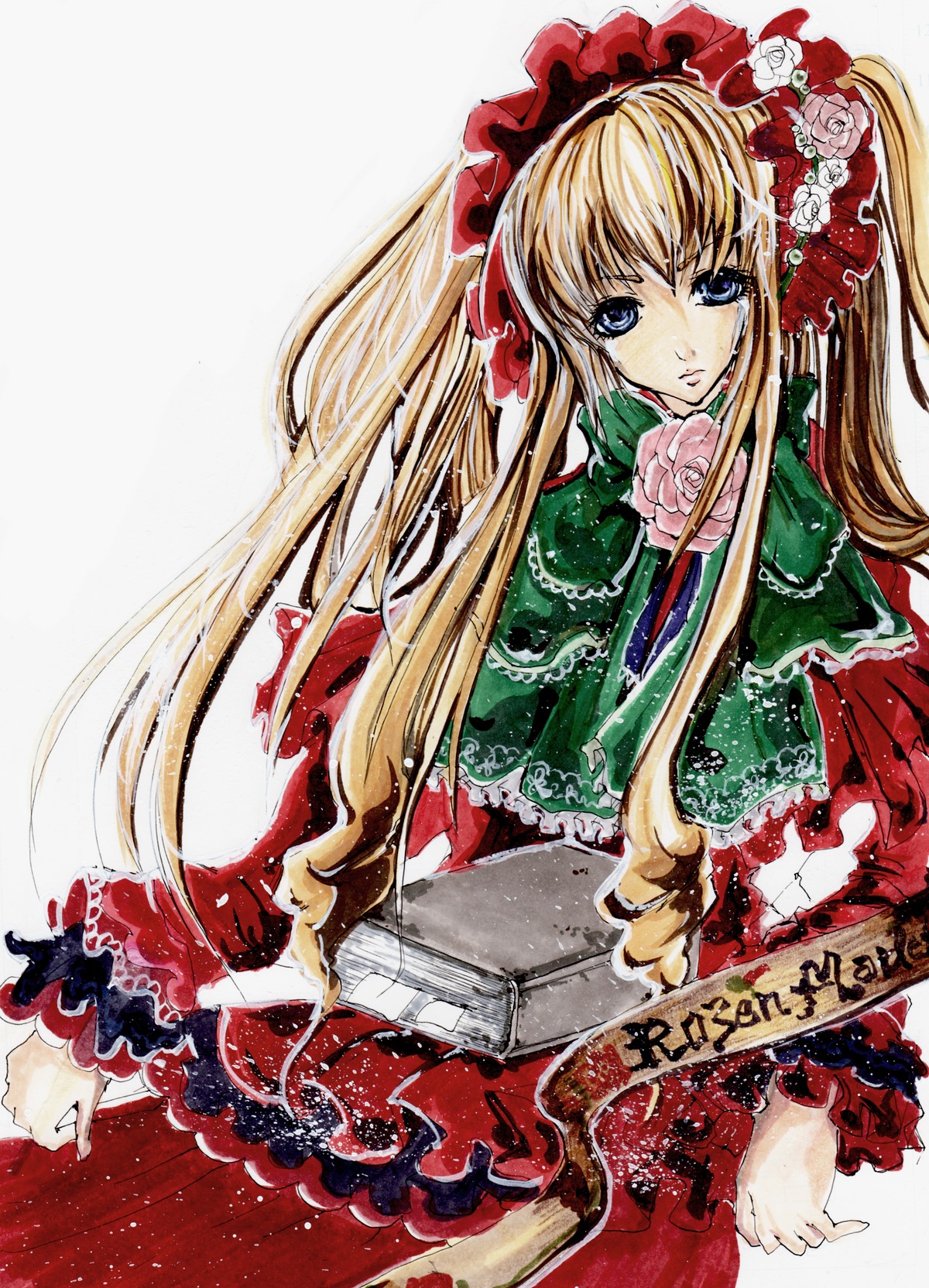 1girl blonde_hair blue_eyes bonnet bow capelet dress flower frills image long_hair looking_at_viewer marker_(medium) red_flower red_rose rose shinku solo traditional_media twintails