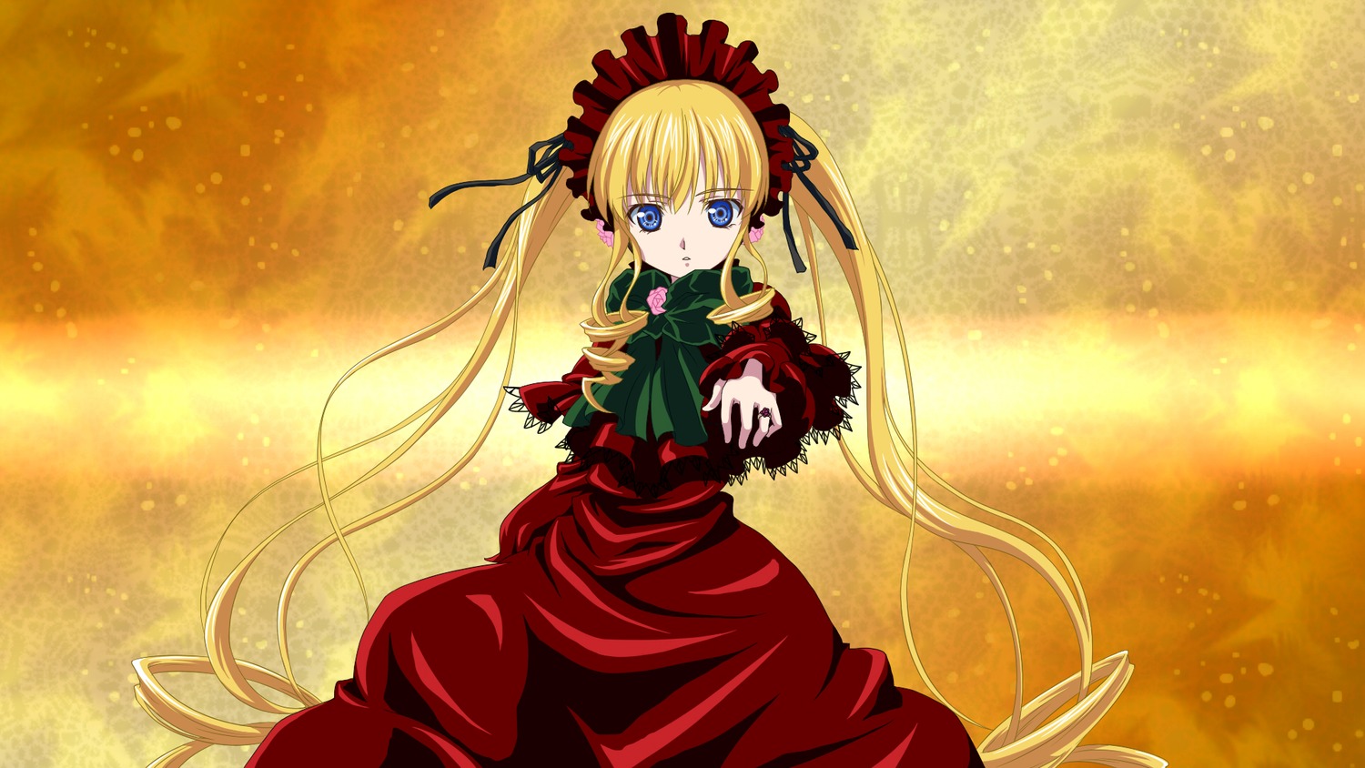 1girl blonde_hair blue_eyes bow bowtie dress flower green_bow image long_hair long_sleeves looking_at_viewer red_dress shinku solo twintails very_long_hair yellow_background